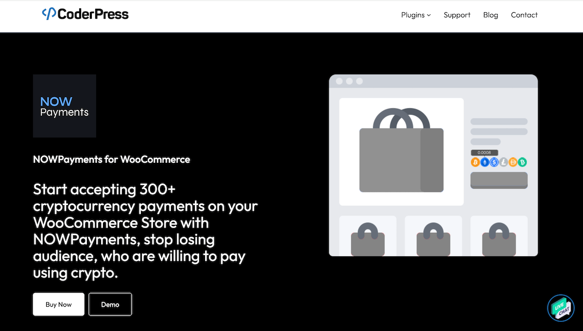 Situs web CoderPress menampilkan plugin NOWPayments untuk WooCommerce.