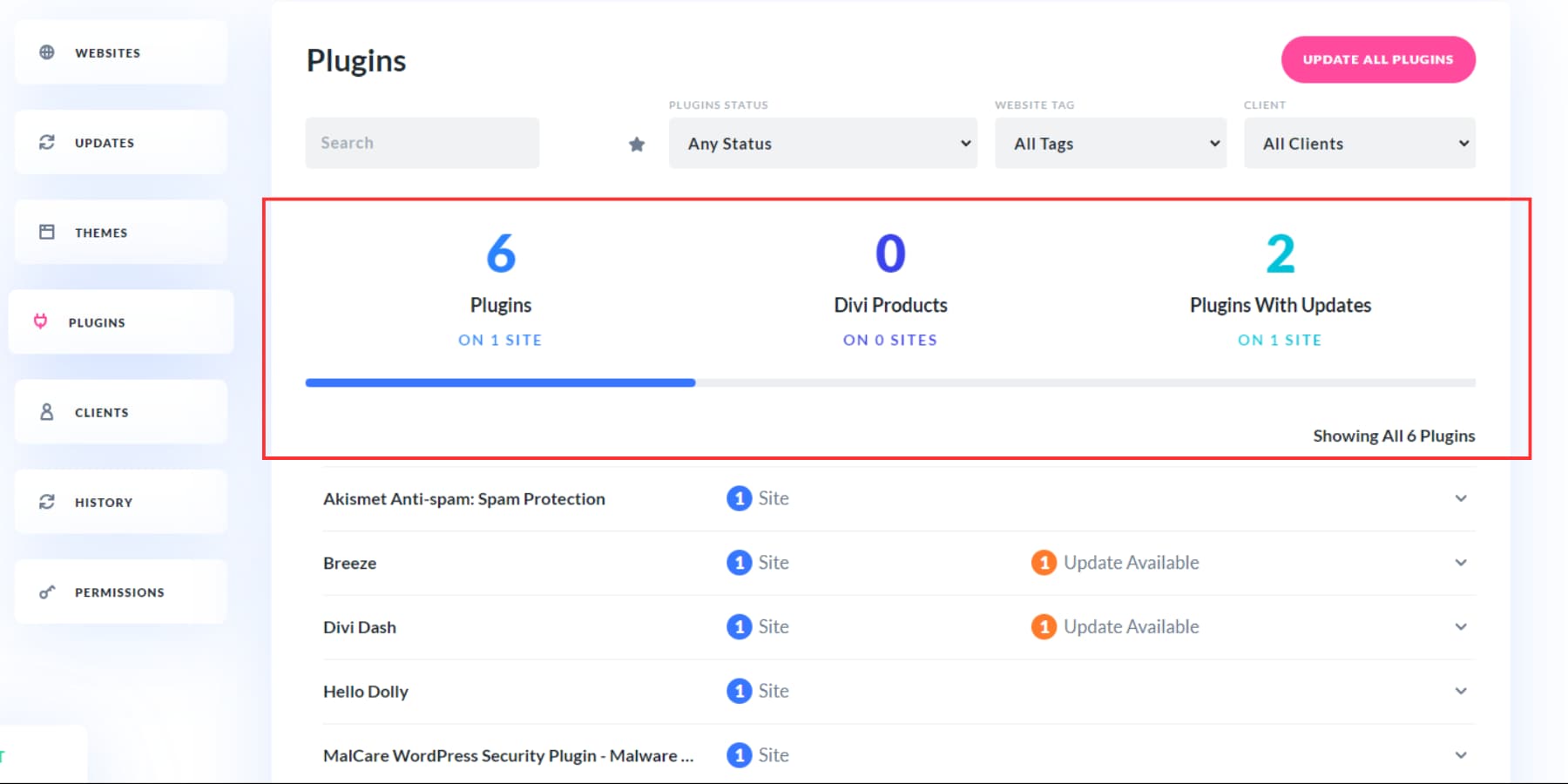 Tangkapan layar filter pada tab plugin