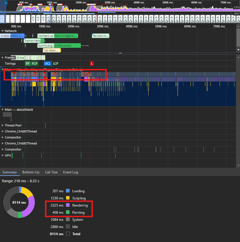 Chrome DevTool Performansı sekmesi - WP Rocket 3.17'yi etkinleştirdikten sonra 