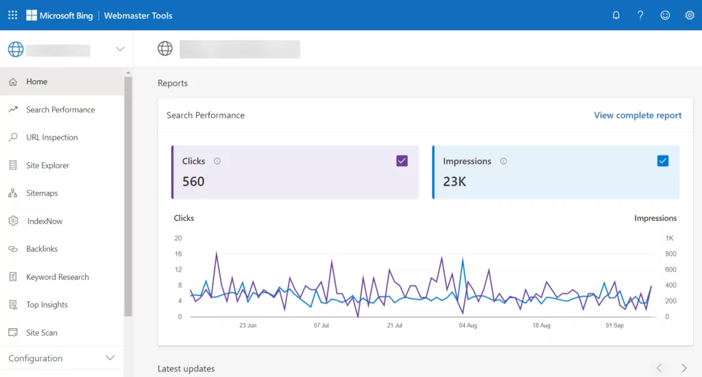 tableau de bord des webmasters bing