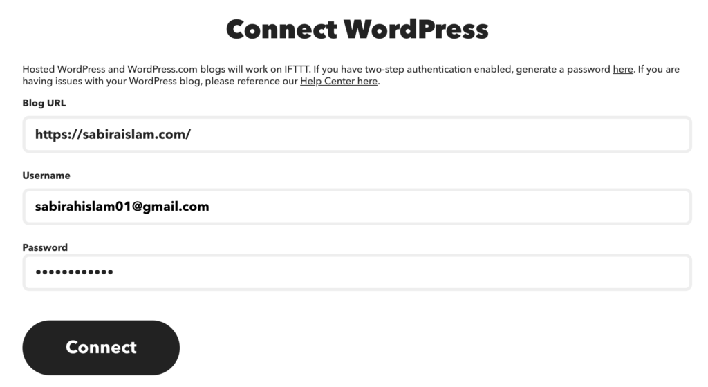 WordPress'inizi bağlamak için bir ekran görüntüsü 