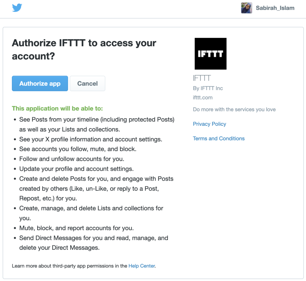 Ceci est une capture d'écran pour autoriser votre compte Twitter sur IFTTT - comment tweeter automatiquement les publications WordPress