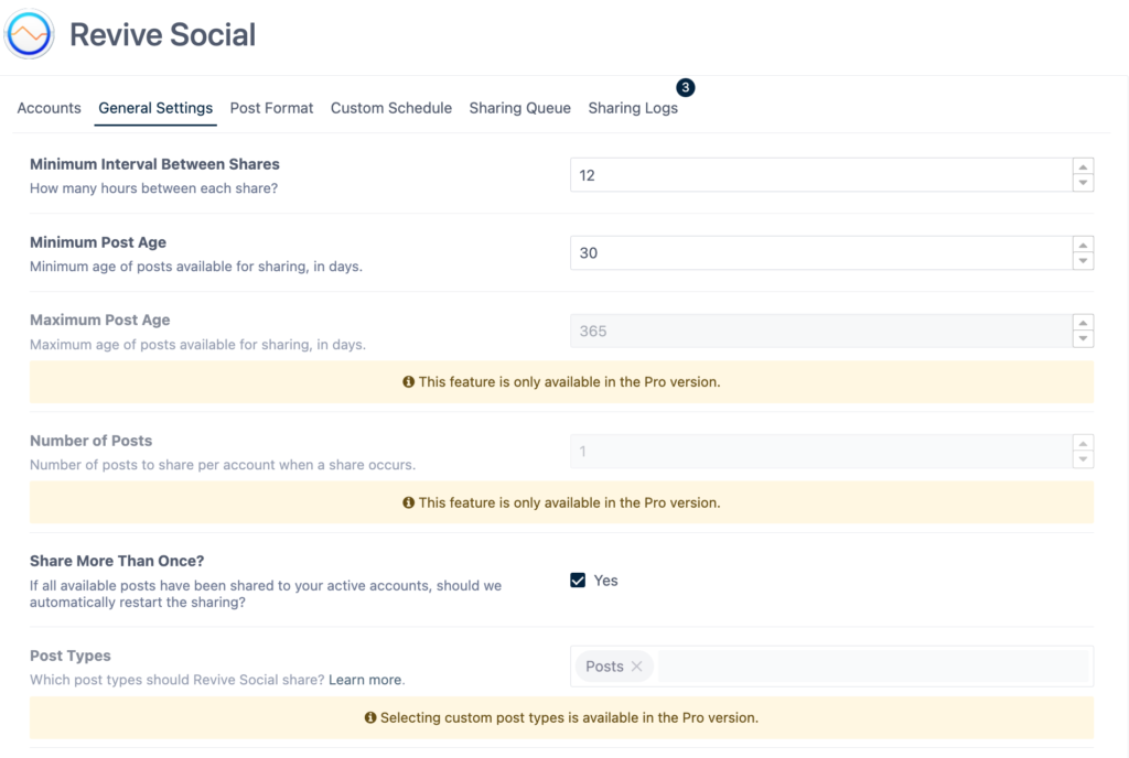 Una captura de pantalla de la configuración de revive social