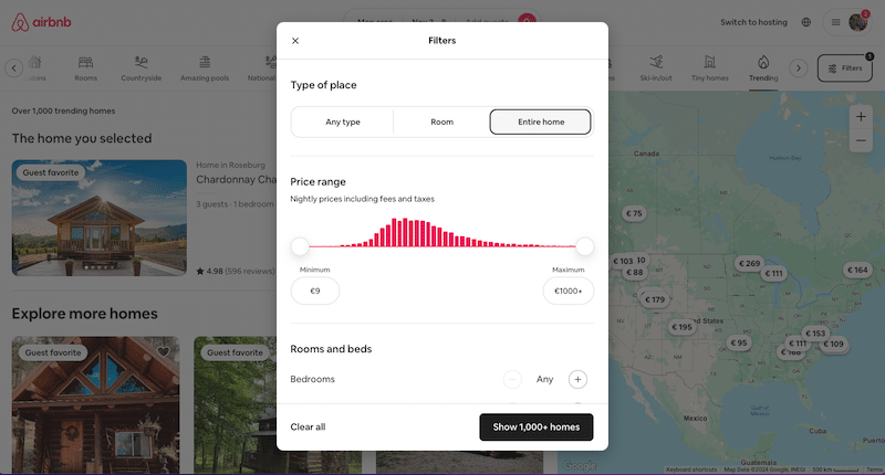 Zaawansowane filtry dynamiczne - Źródło: Airbnb 