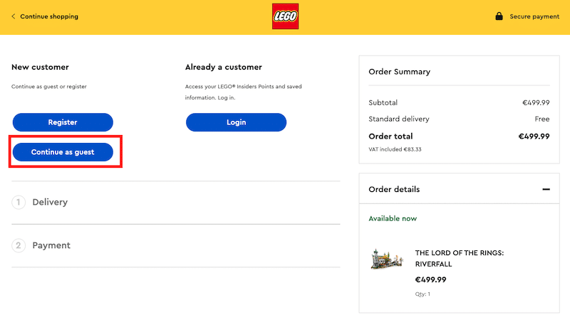 Gast-, Registrierungs- und Login-Checkouts – Quelle: Lego 