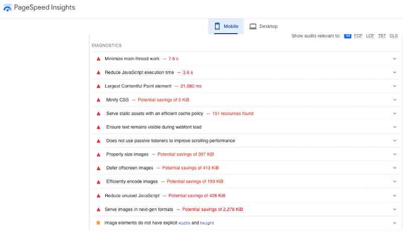 Esempio di diagnostica delle prestazioni che necessita di miglioramento - Fonte: PageSpeed ​​Insights 