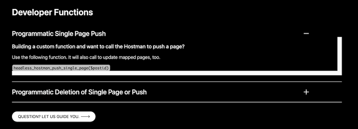 ส่วนฟังก์ชั่นนักพัฒนาของแผงการจัดการ Headless Hostman