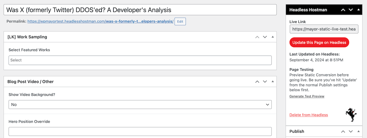 La schermata Editor di pagine in Headless Hostman.