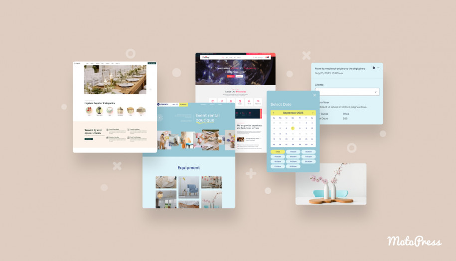Kolase templat situs web persewaan pesta terbaik untuk WordPress dengan latar belakang krem.