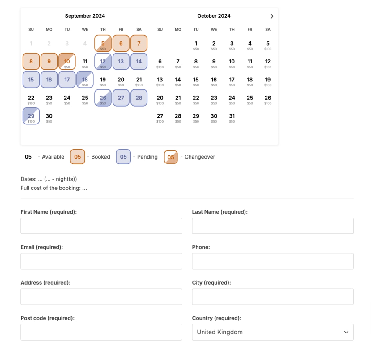 WordPress 예약 달력 예시.