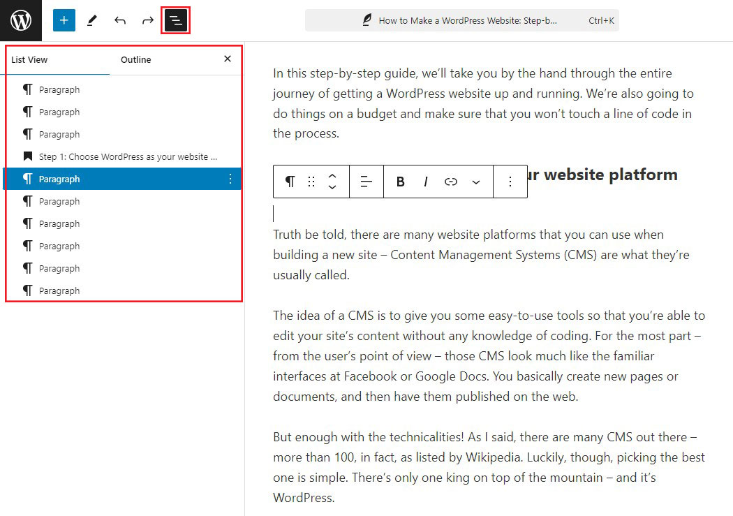 Выбор блока абзацев в виде списка в редакторе блоков Gutenberg