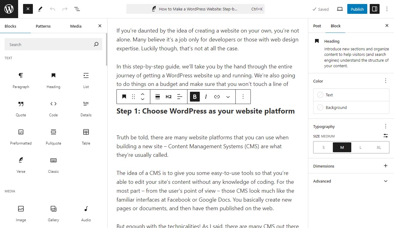 Interfaccia dell'editor a blocchi di WordPress