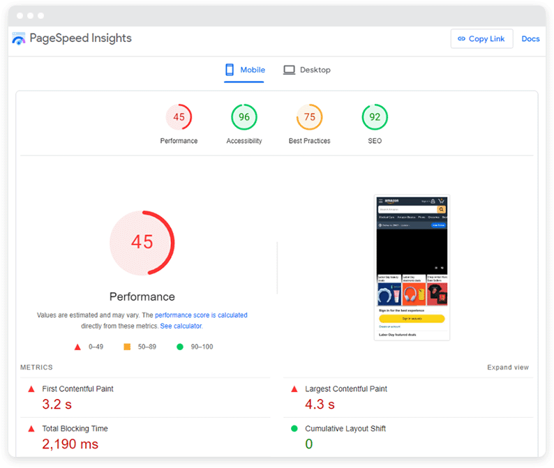 Tangkapan layar dari PageSpeed ​​Insights dengan situs berperforma rendah.