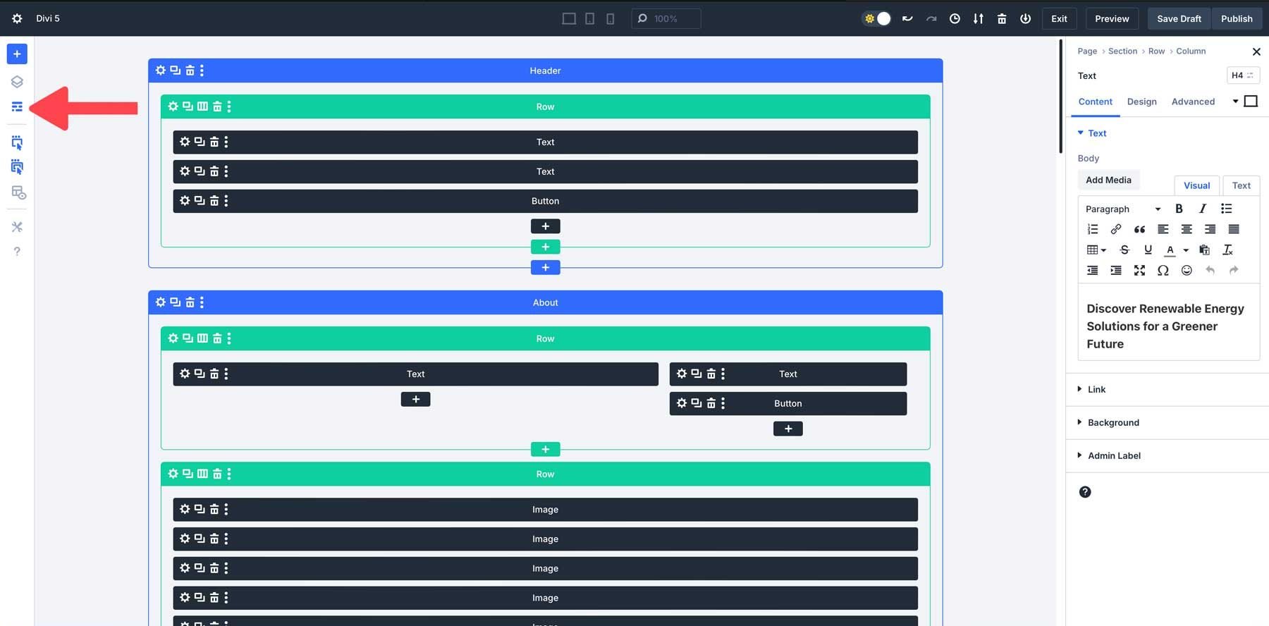 Visualização do wireframe Divi 5