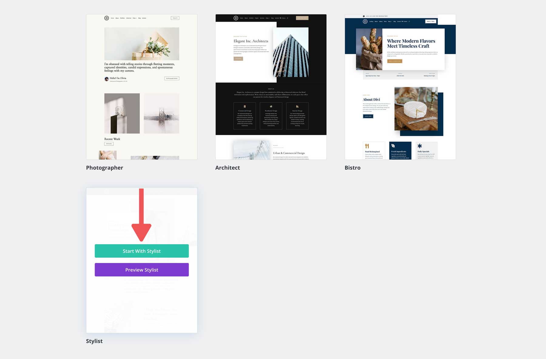 Divi için stilist başlangıç ​​sitesi