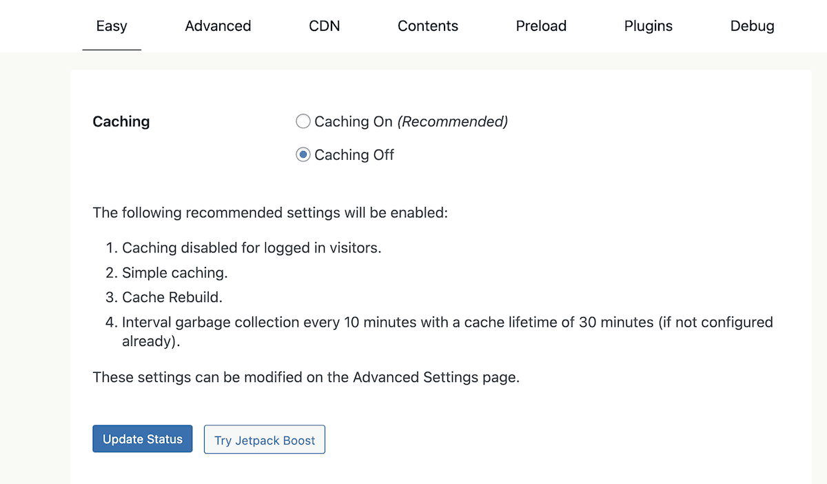 Panel pengaturan utama WP Super Cache.