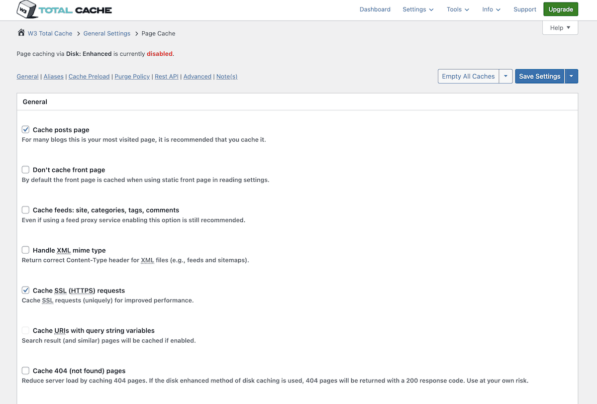 La página de configuración de W3 Total Cache.