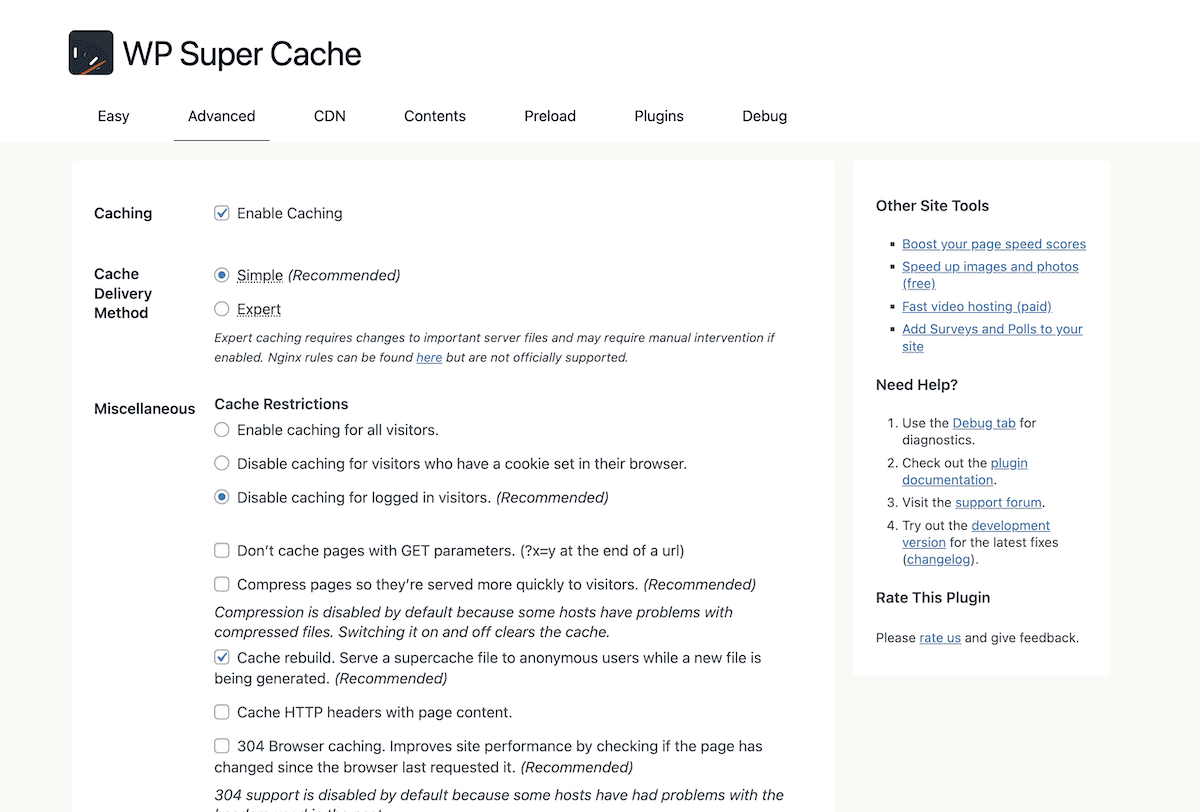 WP Super Cache プラグイン内の [詳細] タブ。