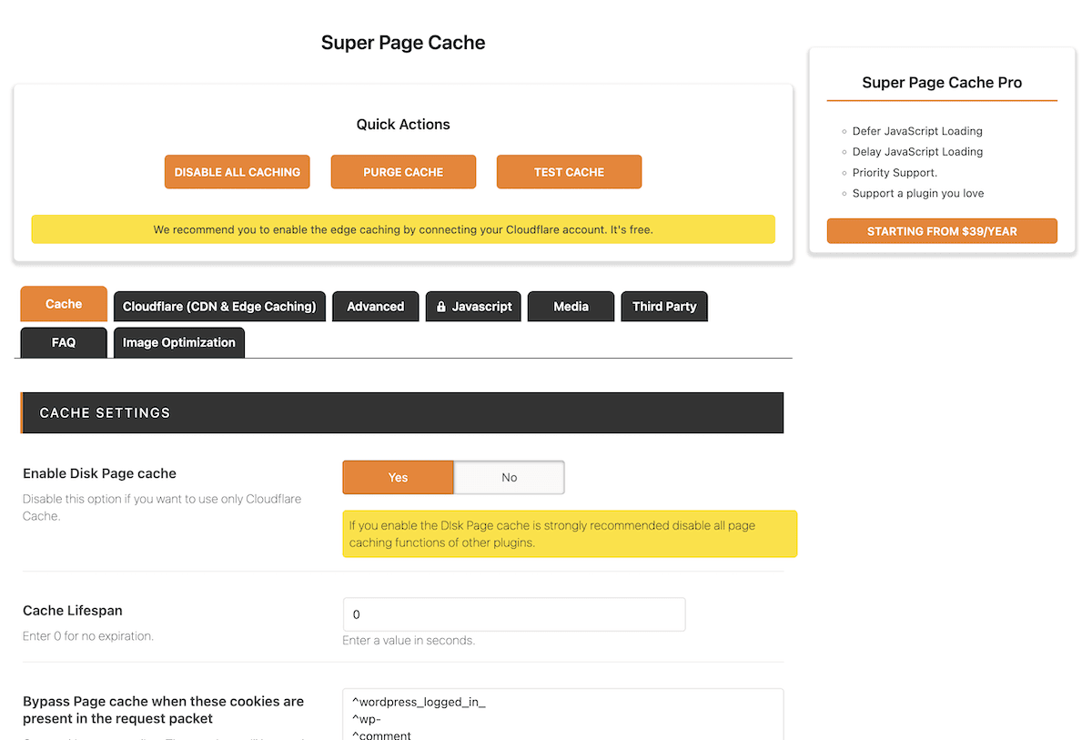 La schermata delle impostazioni di Super Page Cache.