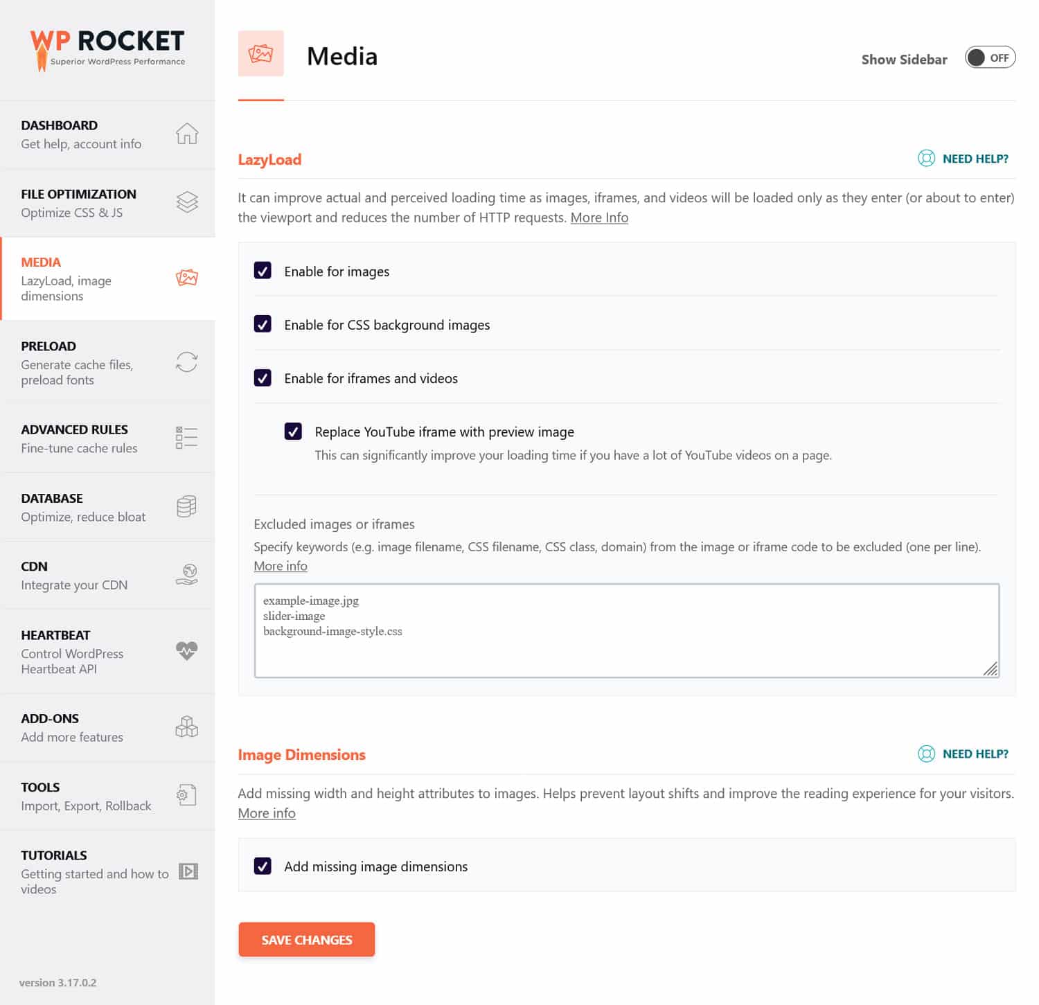 Esempio di interfaccia utente WP Rocket