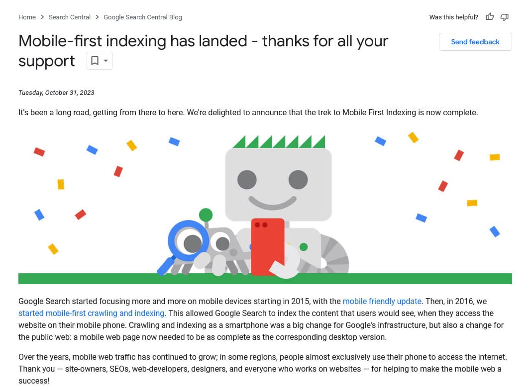 Блог веб-мастеров Google объявляет о завершении индексации Mobile First