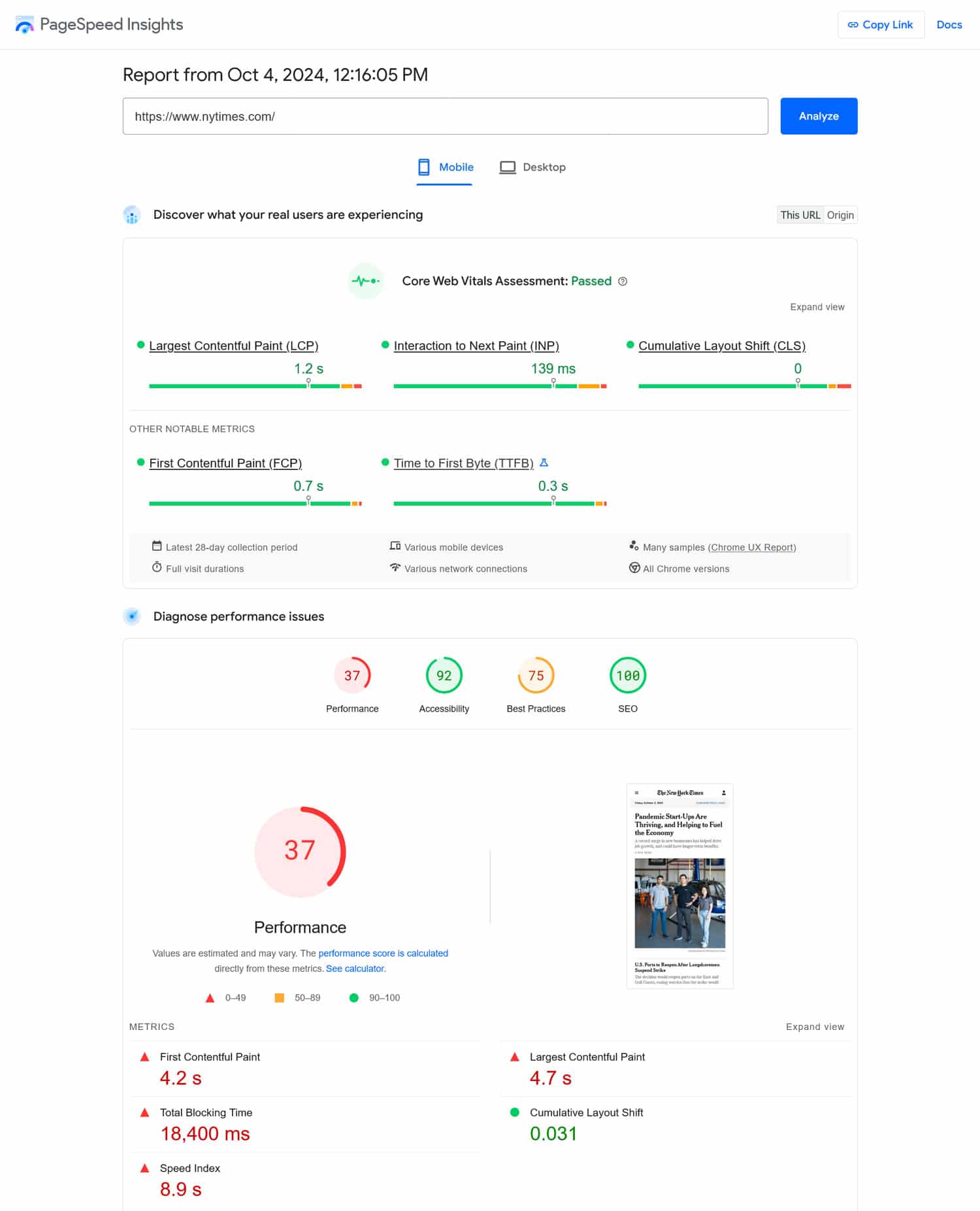 Resultados del análisis de Pagespeed Insights