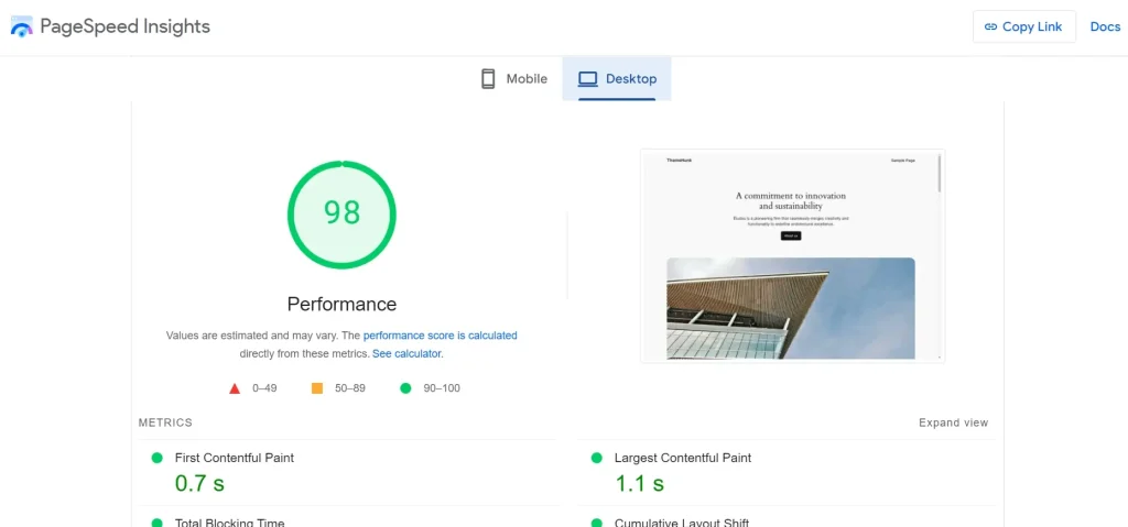 kinsta pagespeed insights result