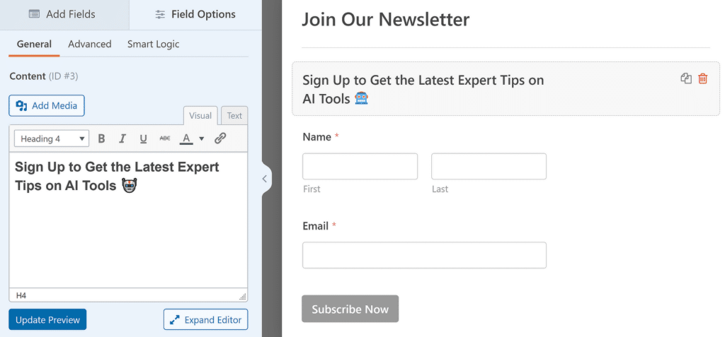 Adding content field to the newsletter form