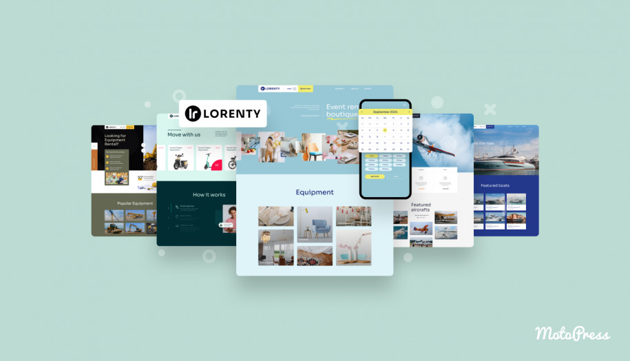 Tema WordPress Lorenty Equipment Rental untuk bisnis persewaan.