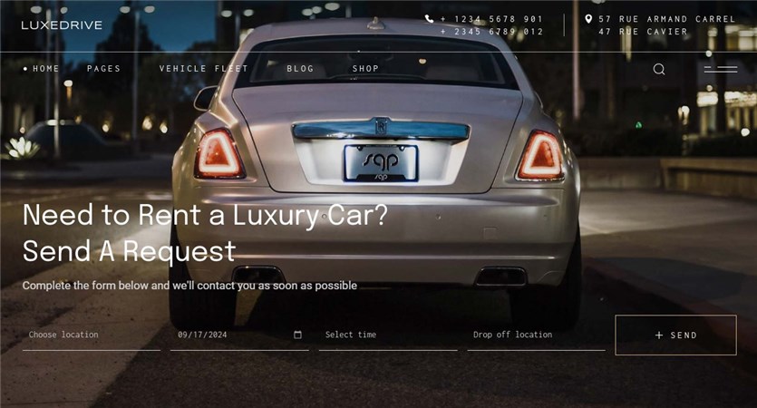 ภาพหน้าจอของธีมรถ LuxeDrive สำหรับเว็บไซต์เช่า WordPress