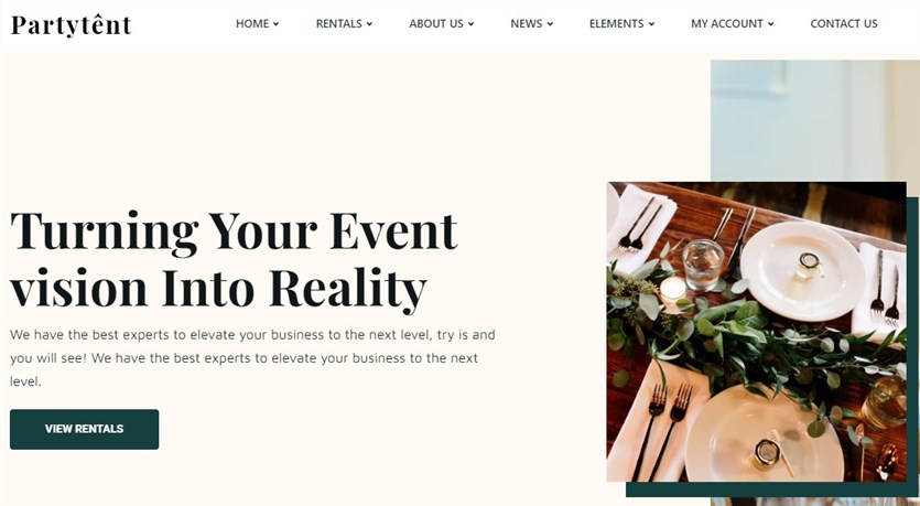 Tangkapan layar tema persewaan peralatan pesta Partytent untuk WordPress.