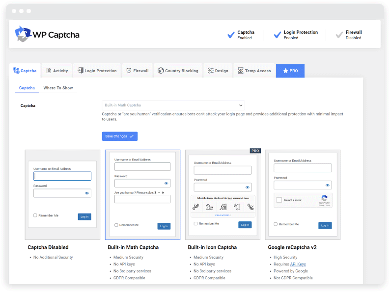 Das Dashboard des WP Captcha Anti-Spam-Plugins