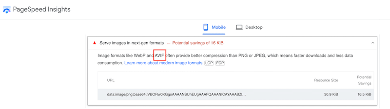 Google zaleca konwersję obrazów do formatu AVIF w celu poprawy wydajności — źródło: PageSpeed ​​Insights