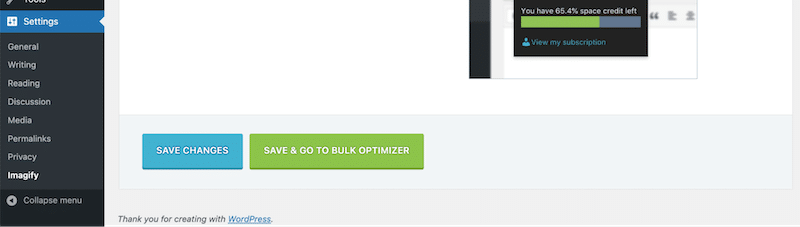 Die Schaltfläche SPEICHERN & ZUM BULK OPTIMIZER GEHEN – Quelle: Imagify 