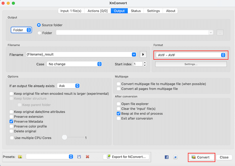 Selecione o formato de saída (AVIF) e clique no botão Converter - Fonte: XnConvert 