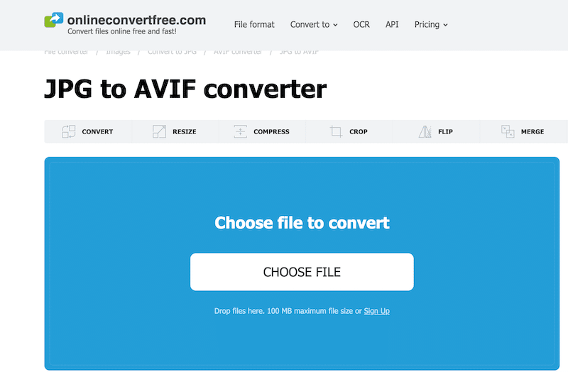 上傳檔案進行 AVIF 轉換 - 來源：Onlineconvertfree 