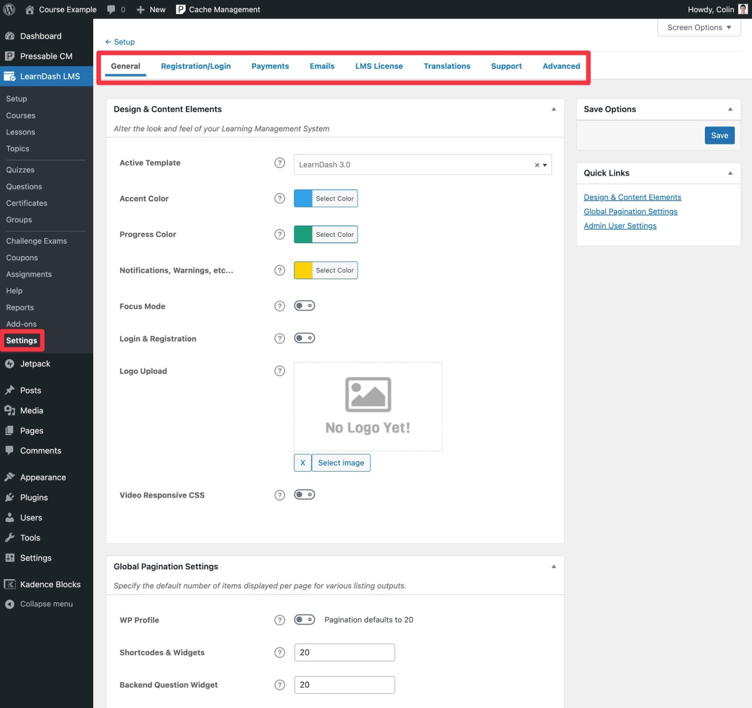 Área de configuración de LearnDash