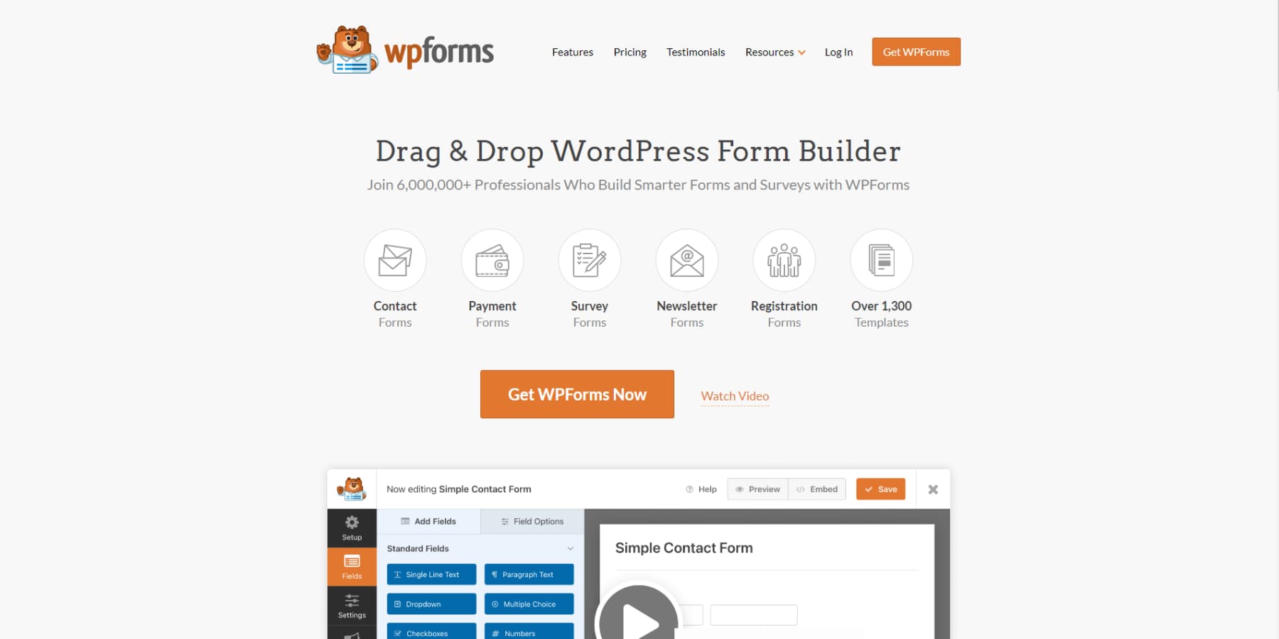 Uno screenshot della home page di WPForms