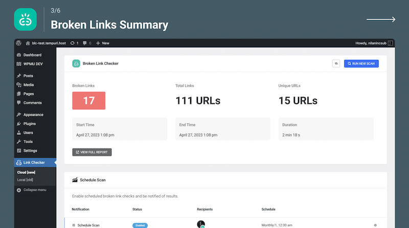 Exemplo de resumo de links quebrados - Fonte: Broken Links Checker  