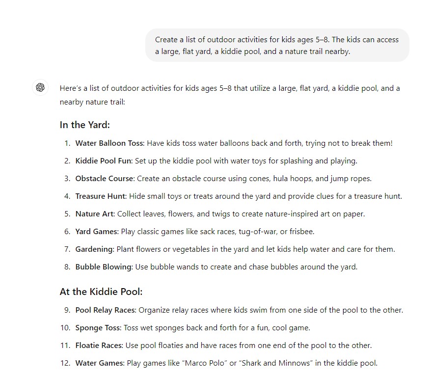 ChatGPT che mostra una risposta a una richiesta specifica, elencando le attività all'aperto per bambini piccoli