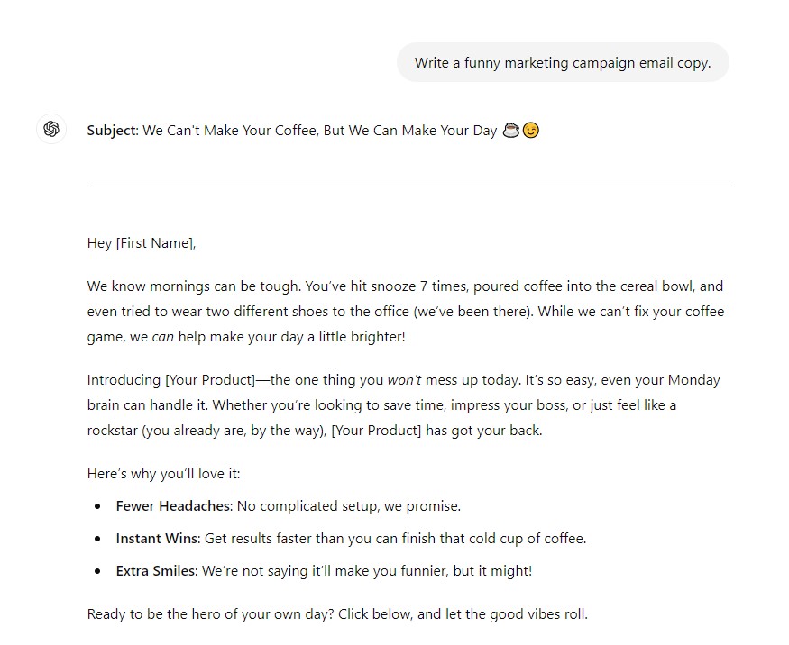 Zapytanie ChatGPT o „Zabawną kopię wiadomości e-mail z kampanii marketingowej”