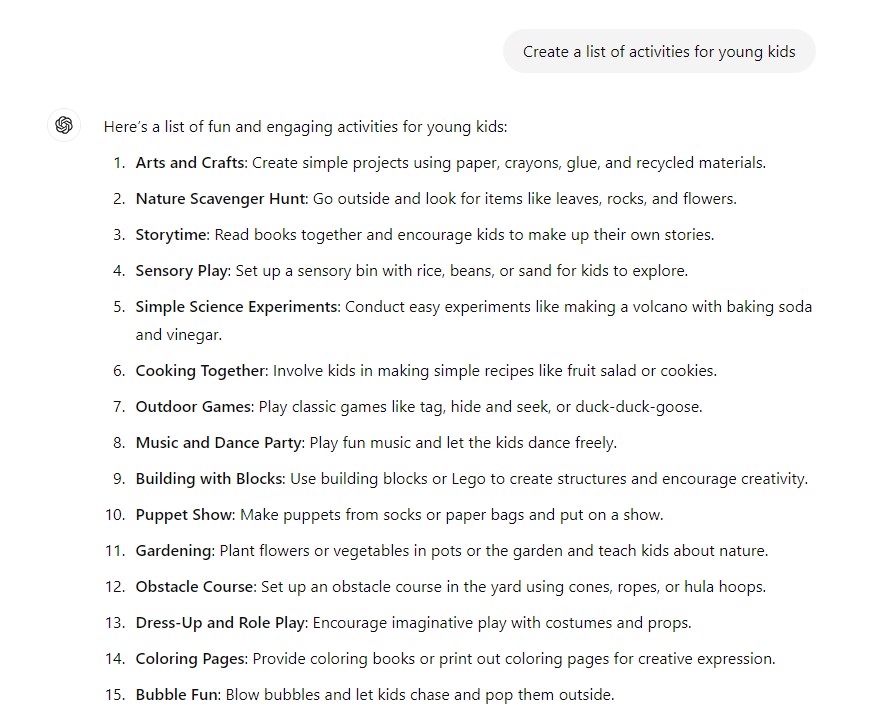 ChatGPT montre une réponse aux larges activités de liste d'invites pour les jeunes enfants