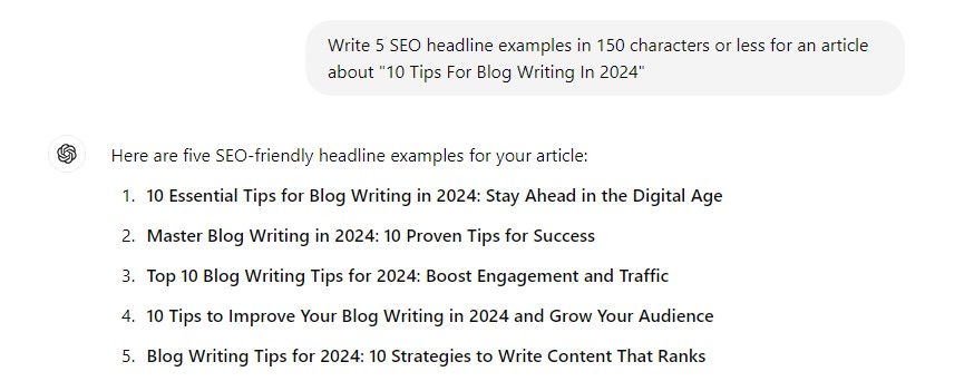 ChatGPT แสดงการตอบสนองต่อพรอมต์ที่ขอตัวอย่างหัวข้อข่าว SEO 5 รายการสำหรับบทความ