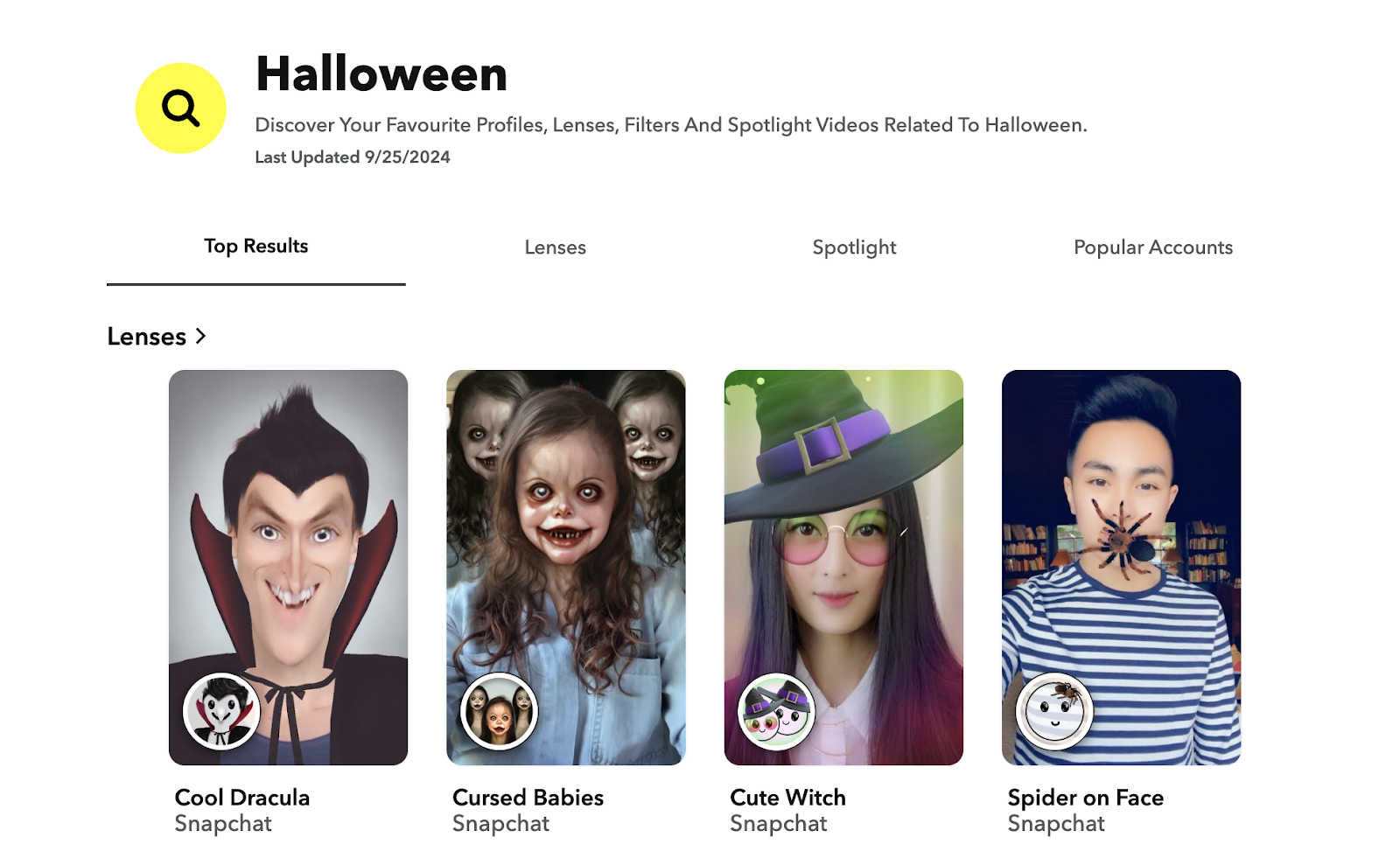 Exemples de filtres de caméra mobile inspirés d'Halloween avec «Halloween» comme terme de recherche de mots clés.