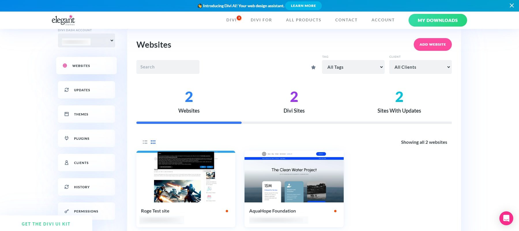 gerenciamento centralizado de sites Divi Dash