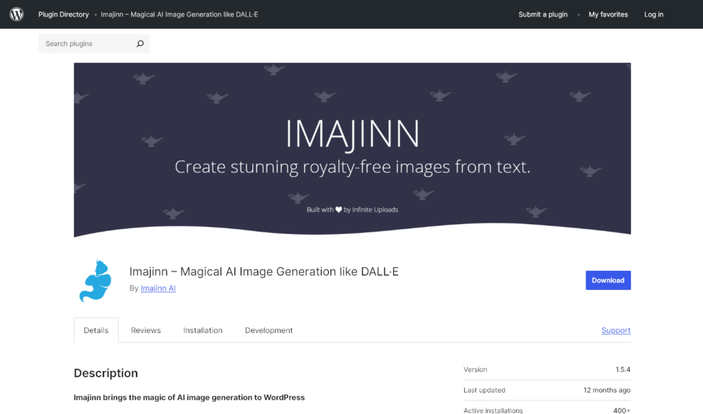 Plugin Gambar AI Imajinn untuk WordPress (Cuplikan Layar)