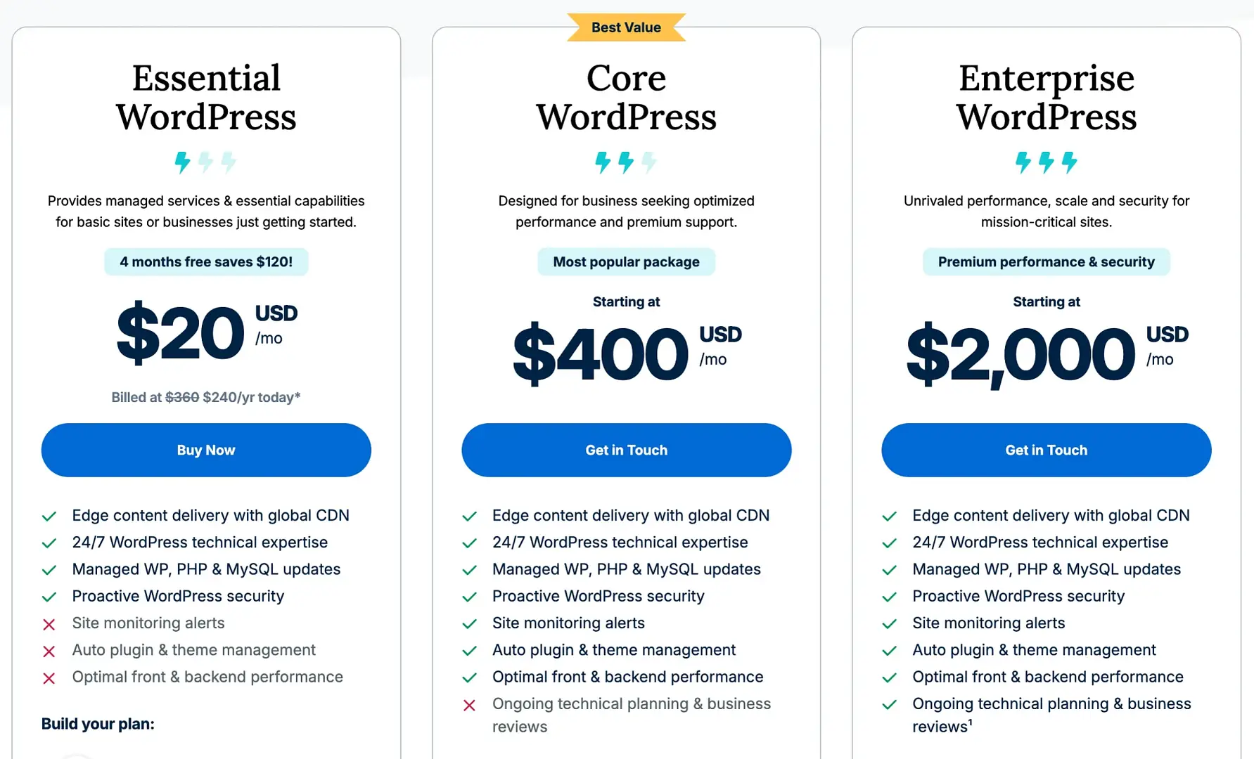 Preços e planos do WP Engine.