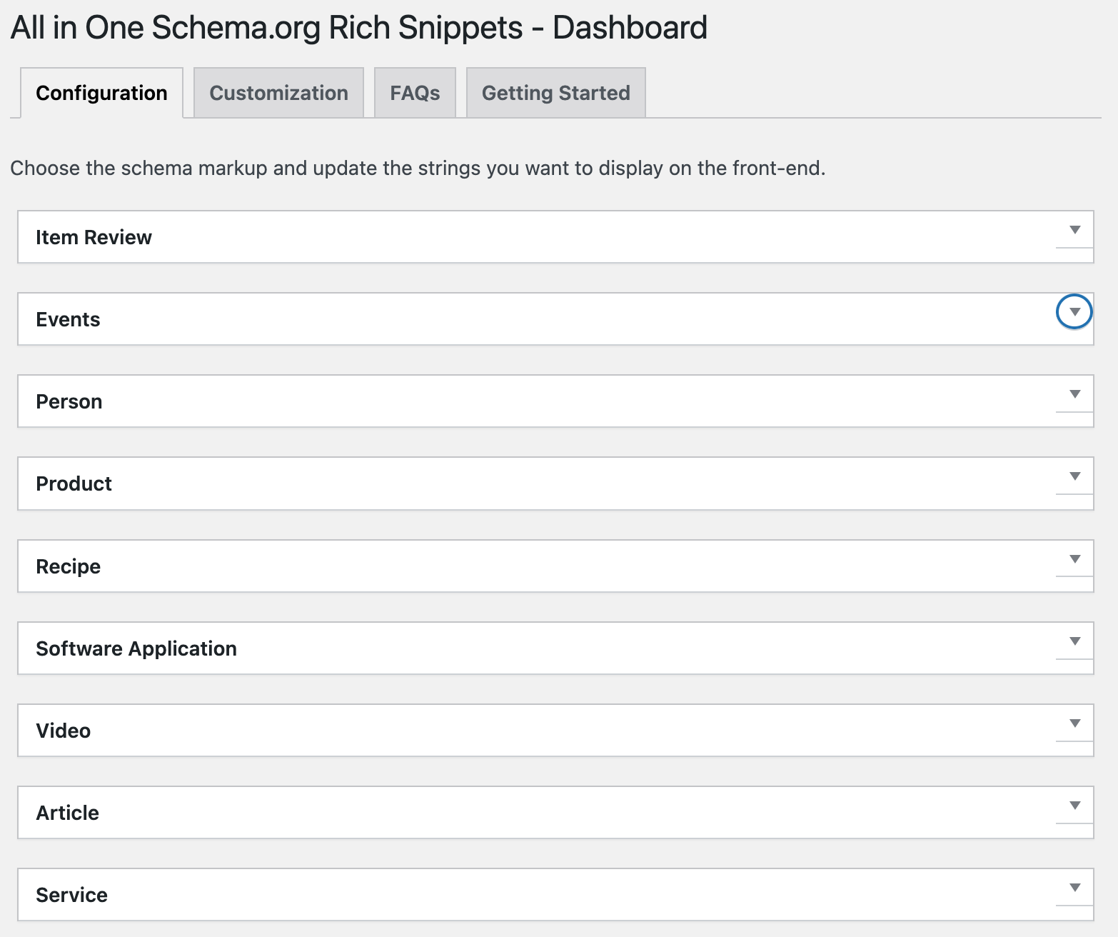 Uma captura de tela para configuração de rich snippets