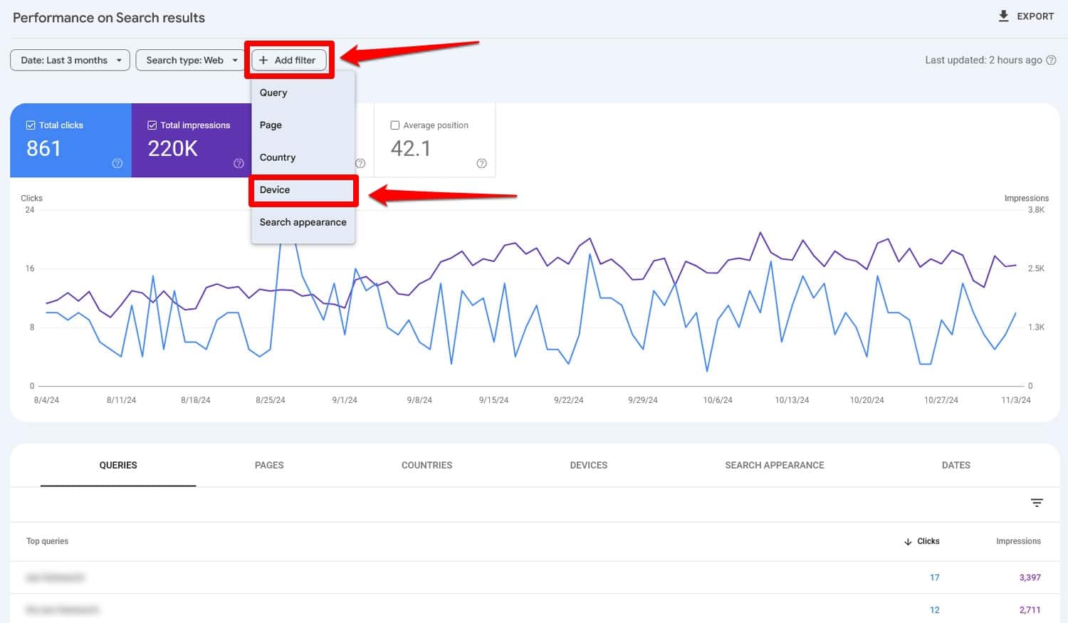 Adicionar filtro de dispositivo no Google Search Console