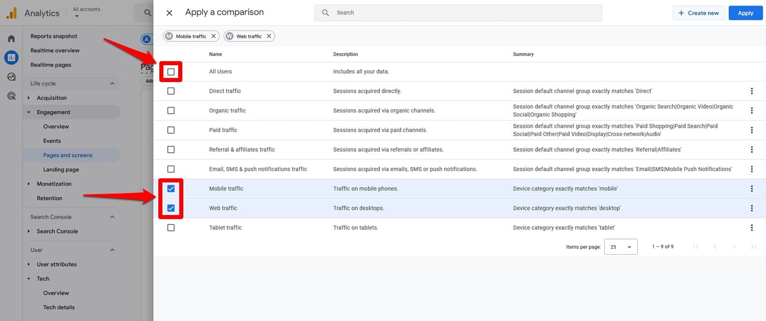 Configure comparações de tráfego de desktop e celular no Google Analytics